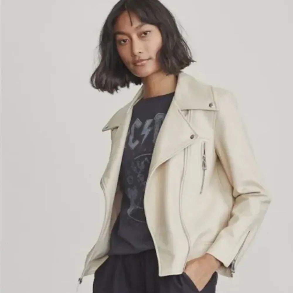 Elizabeth and James Cream Vegan Leather Asymmetrical City Chic Moto Jacket